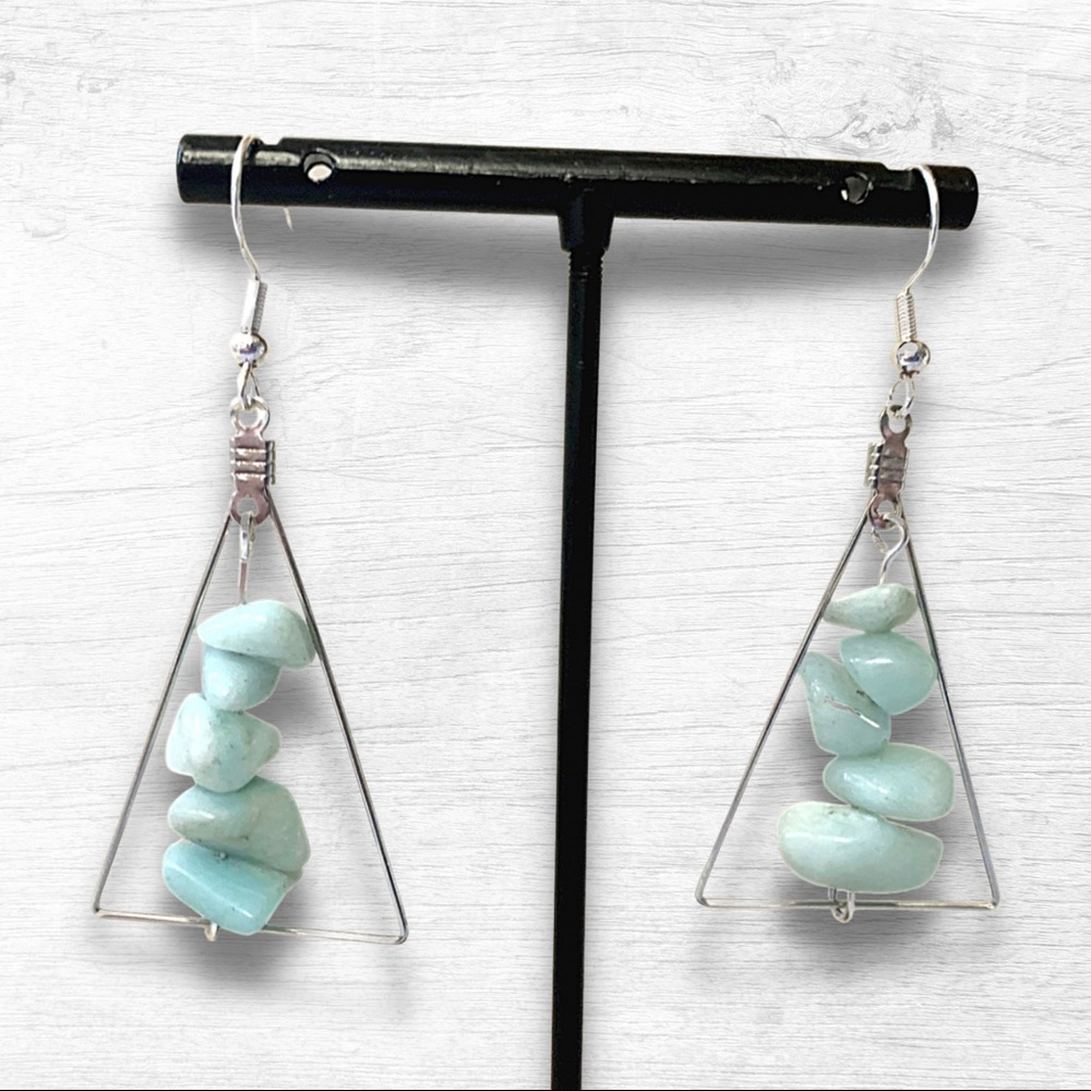 ⭐️ Geometric Triangle Stacked Blue Amazonite Silver Dangling Earrings